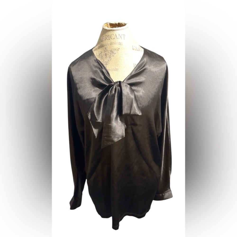 Vera Wang Black Satin Tie-Neck Blouse